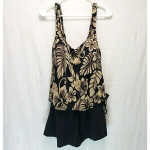 Le Cove Swimdress Womens 18 Black Tan Tropical Floral One Piece Swimsuit Skirted